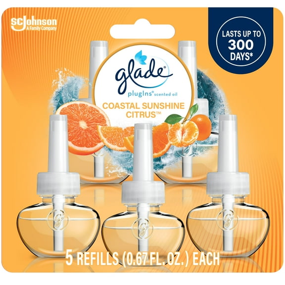 Glade PlugIns Refills Air Freshener,Coastal Sunshine Citrus, Scented and Essential Oils for Home and Bathroom, 0.67 Fl Oz, 5 Count