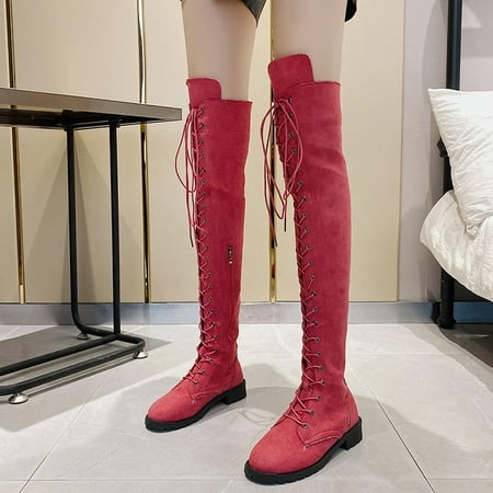 

Pejock Women s Over-the-Knee Boots Women s Snow Boots Retro Western Cowboy Round Toe Booties Velvet Cotton Keep Warm Chunky Low Heel Lace Up Boots Riding Autumn Winter Boots