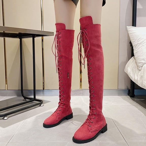 Jsaierl Women's Over The Knee Low Heel Lace Up Tall Boots Chunky Heel Boots Long Stretch Sexy Fall Combat Boots