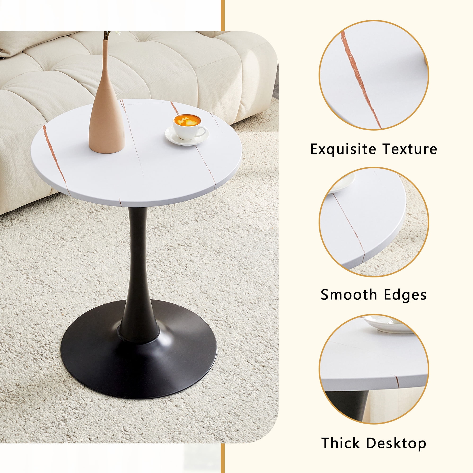 Miniyam 23.6” Round Dining Table, Small Pedestal Tulip Style Table for 2–4 People, Wooden Top with Metal Base, Warm White