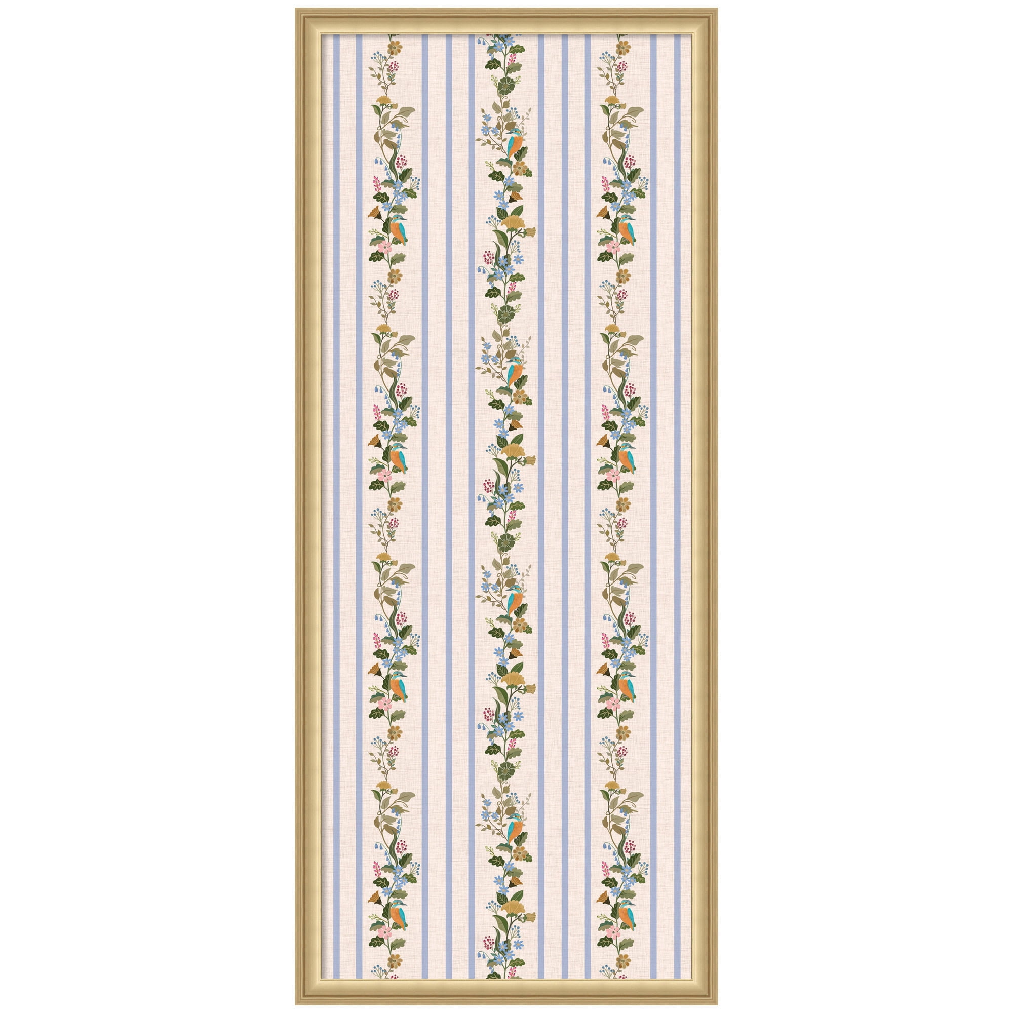 Kate and Laurel Framed Fabric Pinboard 18 x 42, MC Striped Botanical Birds Singing Printed Linen Casual Transitional Bulletin Board for Use as a Vision Board or Wall Organization, Florence Gold Frame