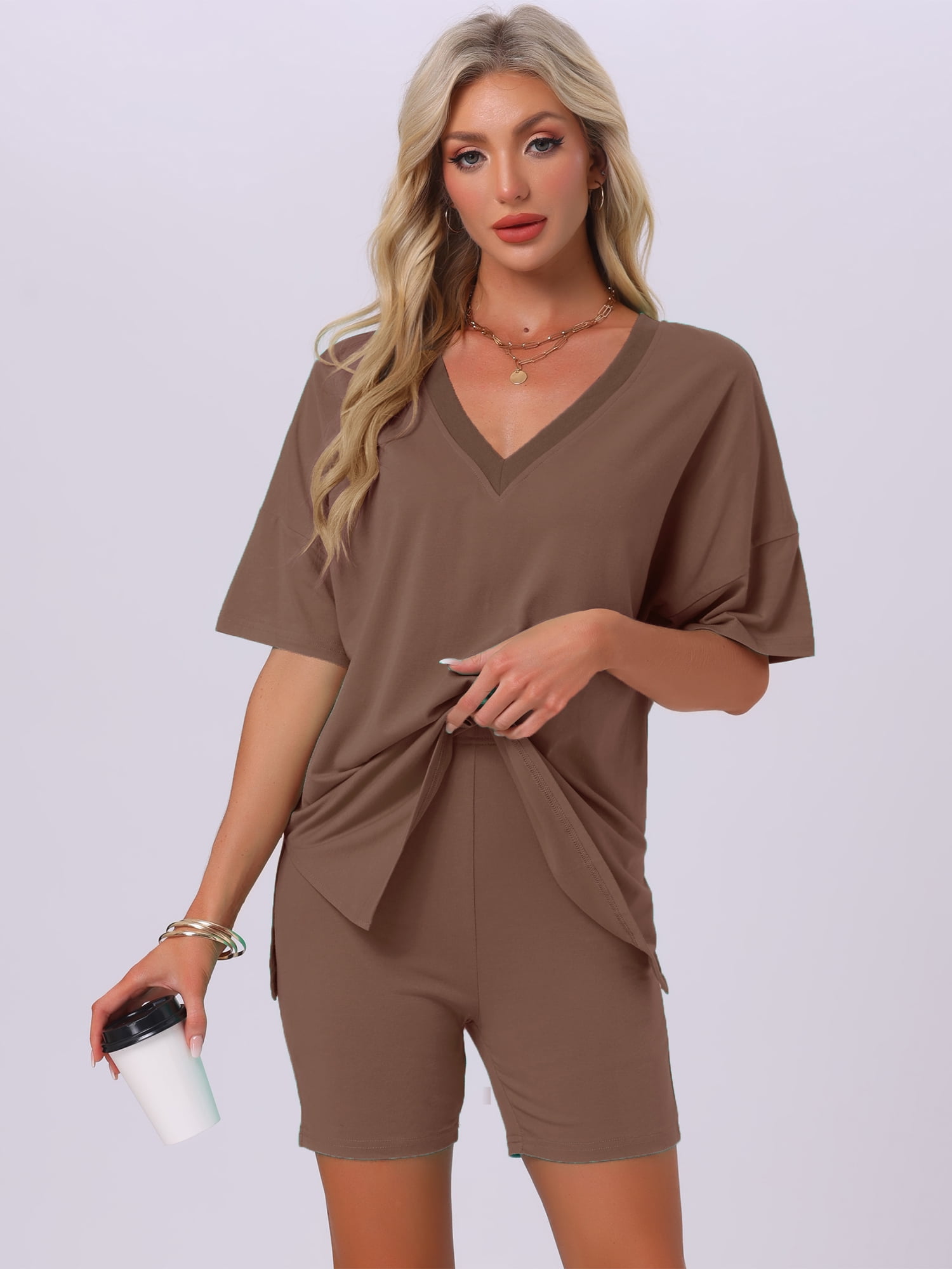 DARING DIVA Pajamas V Neck Workout Reversible Tracksuit Shorts Set XS Coffee