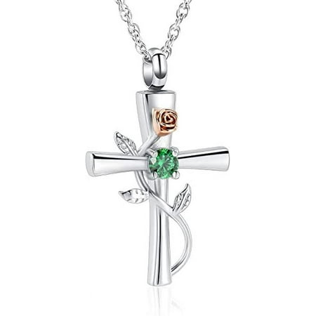 Cross Urn Necklace for Ashes Birthstone Rose Flower Cremation Jewelry Keepsake Memorial Ashes Pendant
