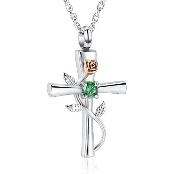 Cross Urn Necklace for Ashes Birthstone Rose Flower Cremation Jewelry for Women Gilrs Keepsake Memorial Ashes Pendant