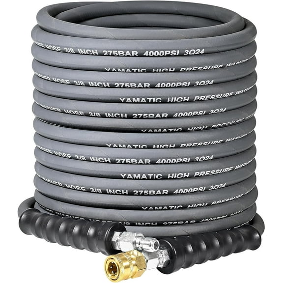 YAMATIC 50FT 3/8" Pressure Washer Hose, 4000 PSI Hot Water Hose with Swivel Quick Connect, Non-Marking, Steel Wire Braided, Rubber Jacket, Kink Free, Max 212°F