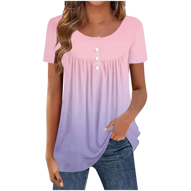 Mujeres de Verano Tops de Manga Corta Impresa Casual Cuello Redondo Plisado Superior 95% Poliéster 5% Spandex, Blusa de Moda para Todas las Estaciones