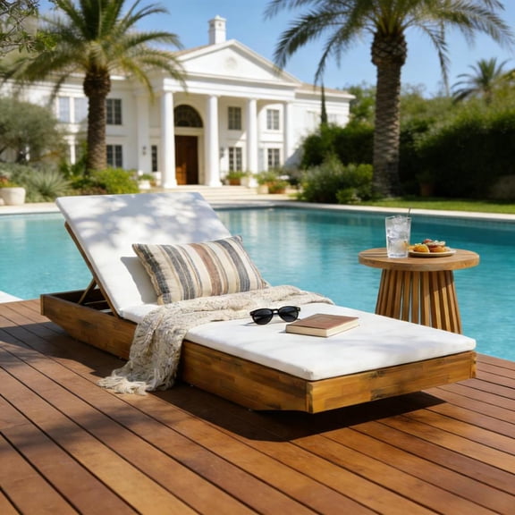 Gearwell Acacia Wood Patio Recliner and Water-Repellent Cushion Outdoor Chaise Lounge Teak Finish