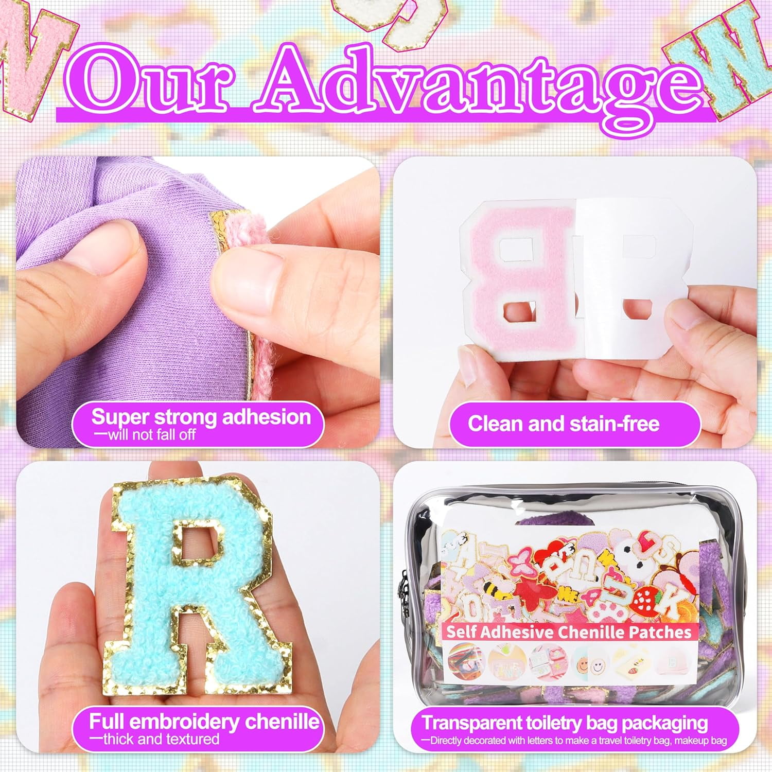 ABCISI Self-Adhesive Chenille Letters Patches: 104PCS Mixed Color Preppy Letter Patches Stickers for Clothing Backpacks - Embroidered Cheille Initial Patch for DIY Decor