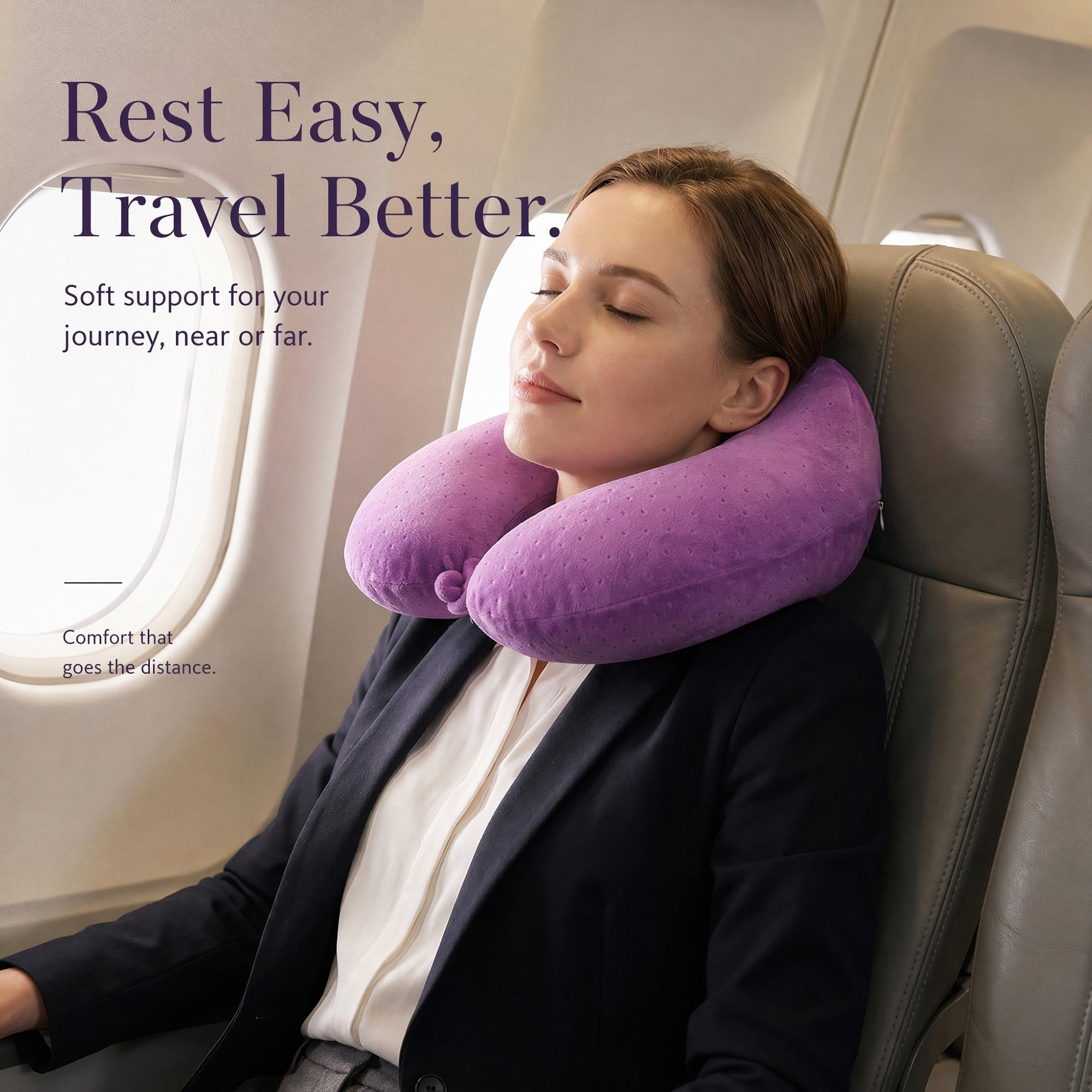 Unique Bargains Memory Foam Neck Pillow U Shape with Snap Closure Lilac purple 12"x12"x5"