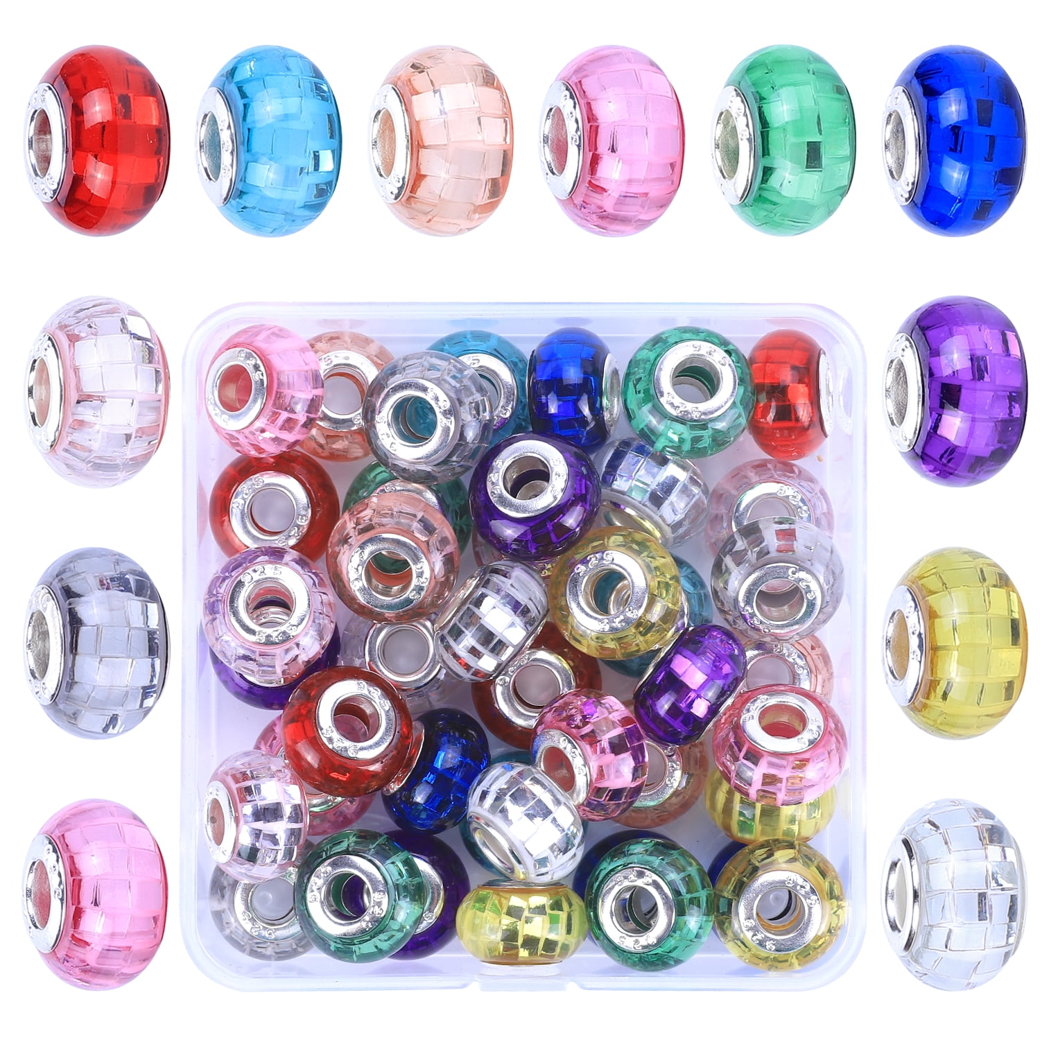 50 Pieces Girls' Lucky Beads Lover Amber Beads, Large Hole Spacer Beads European Craft Murano Beads for DIY Charms Bracelet Jewelry Making (Inner-Glass-Square)