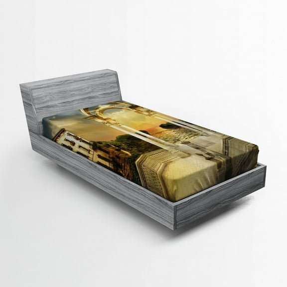 Ambesonne Fantasy Fitted Sheet, Surreal Bridge Gateway, Twin XL Size, White Pale Yellow Green