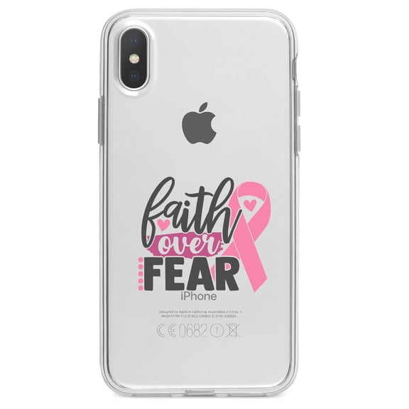DistinctInk Clear Shockproof Hybrid Case for iPhone XR (6.1" Screen) - TPU Bumper Acrylic Back Tempered Glass Screen Protector - Pink Ribbon Cancer - Faith Over Fear