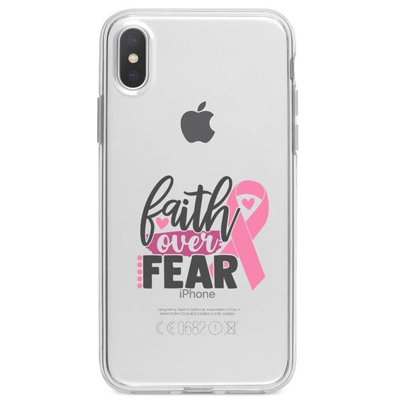 DistinctInk Clear Shockproof Hybrid Case for iPhone XR (6.1" Screen) - TPU Bumper Acrylic Back Tempered Glass Screen Protector - Pink Ribbon Cancer - Faith Over Fear