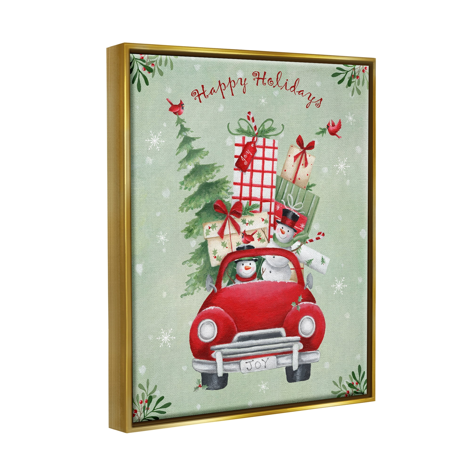 Stupell Industries Holiday Stacked Gift Car Holiday Painting Gold Floater Framed Canvas Art Print Wall Art, 17 x 21