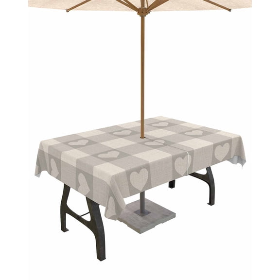 Outdoor Tablecloth with Umbrella Hole for Patio/Picnic/Party/Camping, Grey Plaid Waterproof Table Cloth Rectangle Table Cover Washable, Country Cute Love Pastoral Heart Lattice 54"x 80"