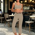 thumbnail image 5 of Women Racerback Scoop Neck Sports Bra High Waist Cropped Flare Pants 2 Piece Athletic Workout Outfit Sets Khaki XXL, 5 of 9
