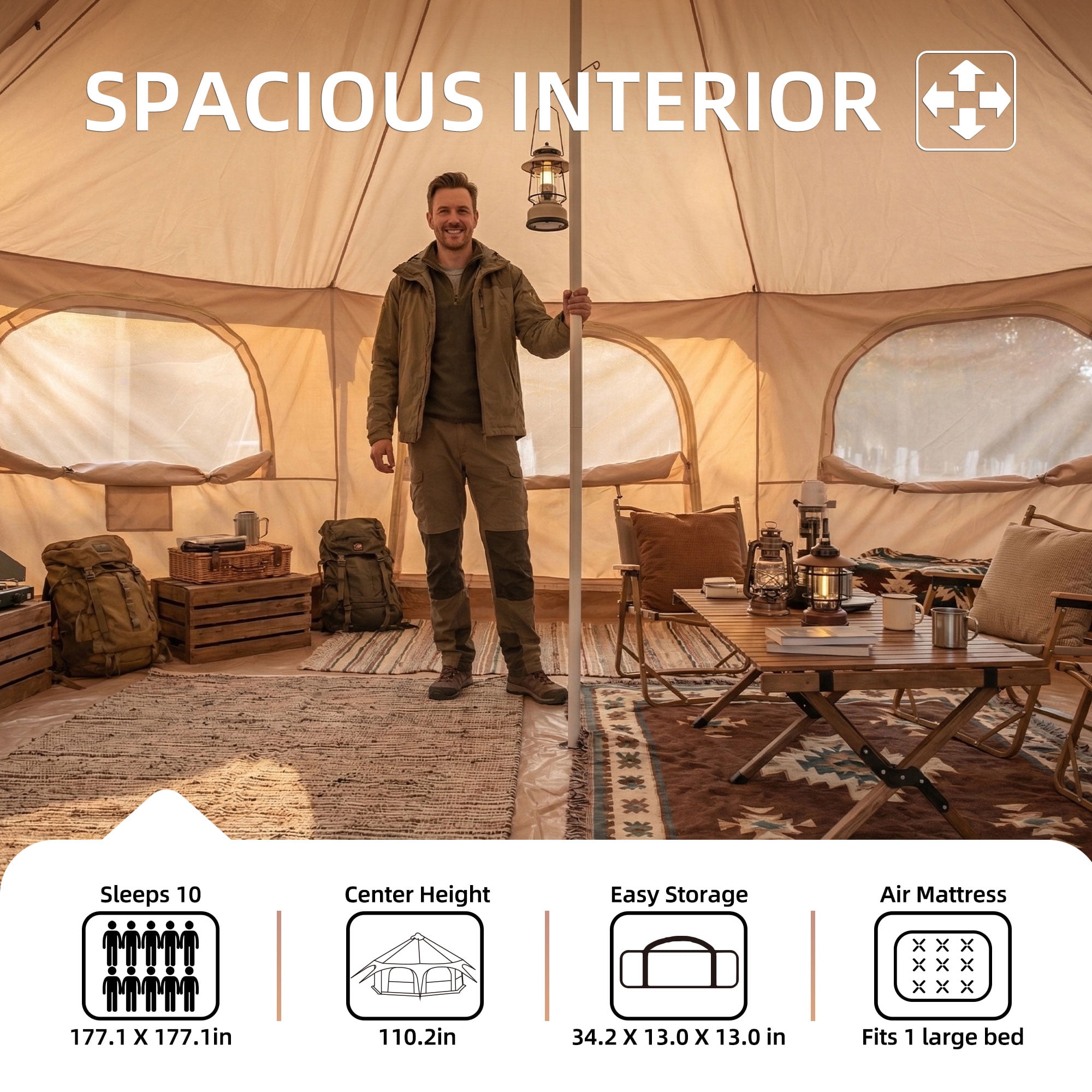 14.8ft x 9.2ft 600D Oxford Bell Tent with Stove Jack, Heavy Duty Glamping Yurt Camping Tent for Family Outdoor Party, Large Summer Camping Shelter Cabin, Khaki