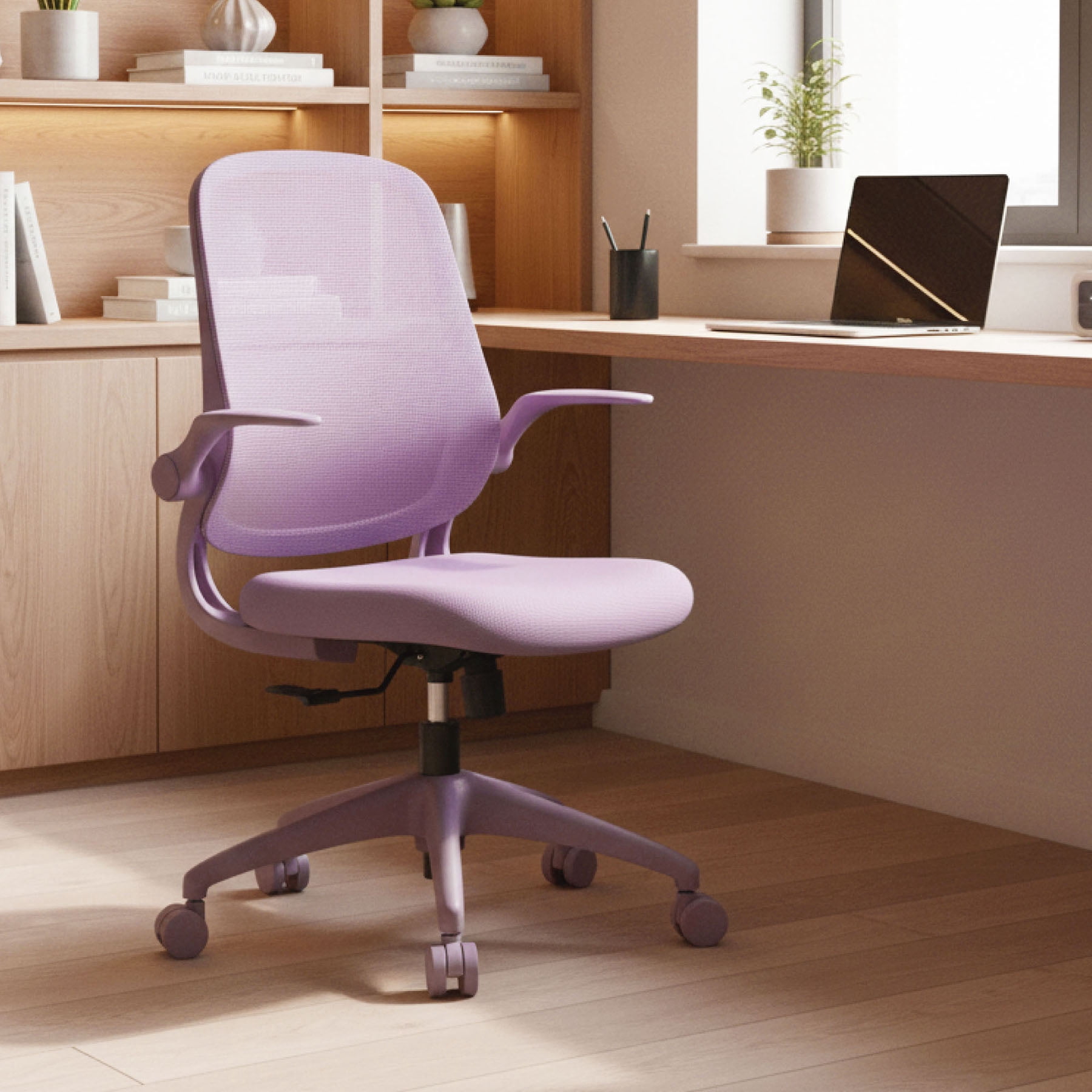 S-HOME Modern Ergonomic Mesh Back Office Chair With Fireproof Nylon Fabric, Rotating Design And Gas Lift For Support, Adjustable Height And Flip-Up Armrests  For Home Offices, Purple