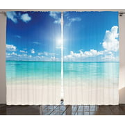 Ambesonne Ocean Curtains, Sky and Sea Landscape Sand Tropical Beach Clouds Sun Hot Heaven Summer, Living Room Bedroom Window Drapes 2 Panel Set, 108" X 90", Turquoise White