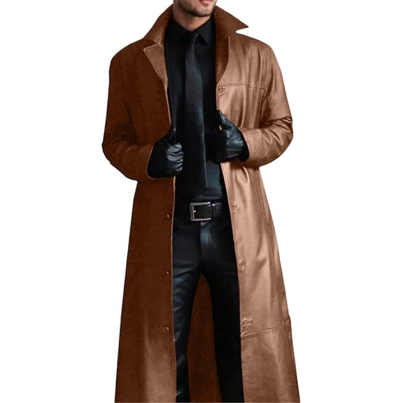 Aihuaihua Men's Leather Jackets Full Length Trench Coat Men's Classic Biker PU Jacket Slim Fit Moto Leather Coat Khaki XXXL