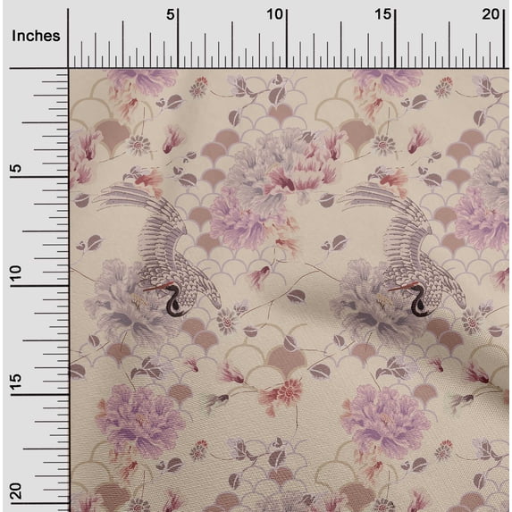 oneOone Viscose Chiffon Light Beige Fabric Floral & Peacock Sewing Material Print Fabric By The Yard 42 Inch Wide
