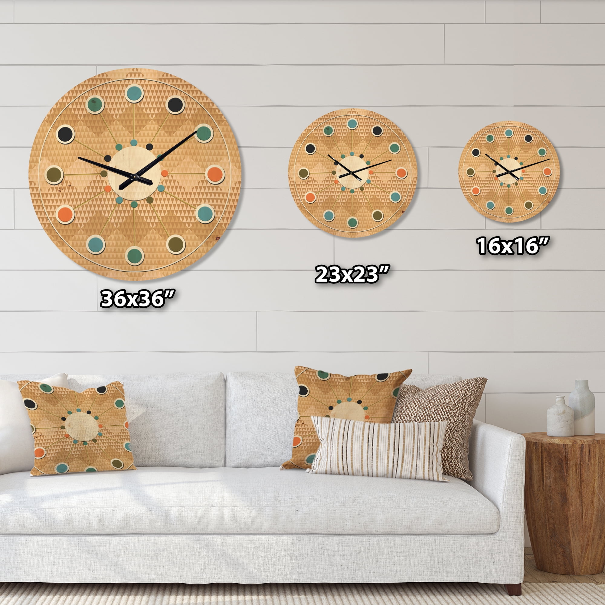 Designart 'Beige Retro Pattern Triangular Wave' Mid-Century Modern Wood Wall Clock