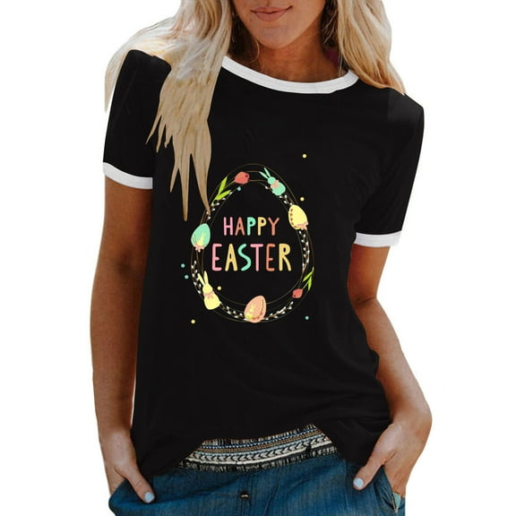 JeashCHAT Easter Tshirt for Women Easter Bunny Rabbit Egg Print Women Summer Sexy Happy Easter Print Regular Women Round Neck Short Sleeves Top