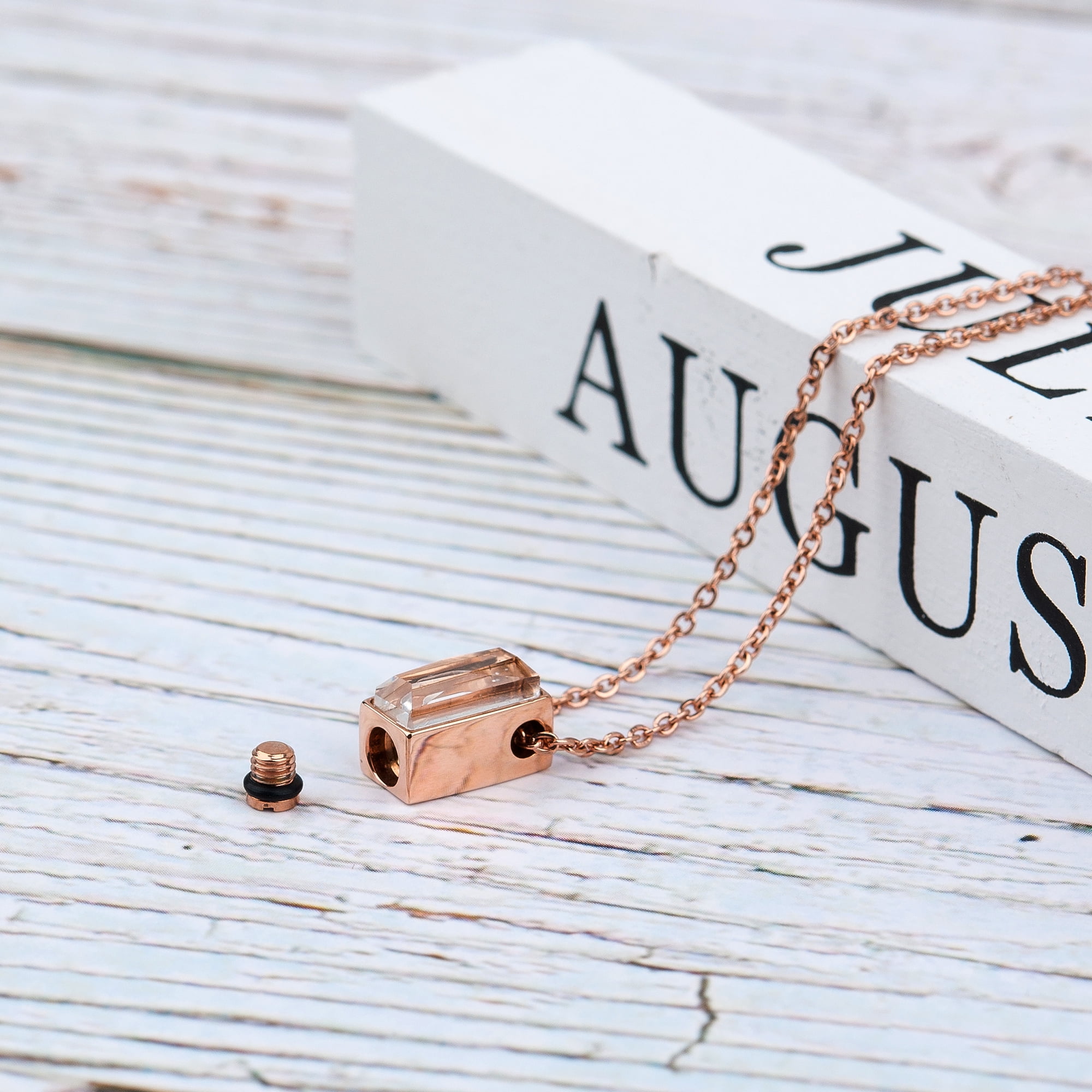 Personalized Cube Ashes Holder Necklace, Custom Engraving Memorial Necklace, Engravable Crystal Cremation Necklace for Woman with Filling Kit and Velvet Box Ship Next Day! [Rose Gold, Text Engraving]