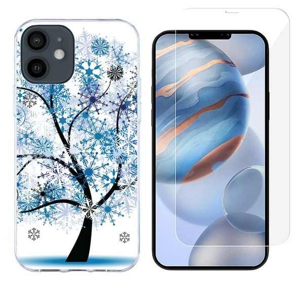 Slim-Fit Protective Phone Case compatible with iPhone 12 Mini, with Tempered Glass Screen Protector, by OneToughShield ® - Snowflakes Tree