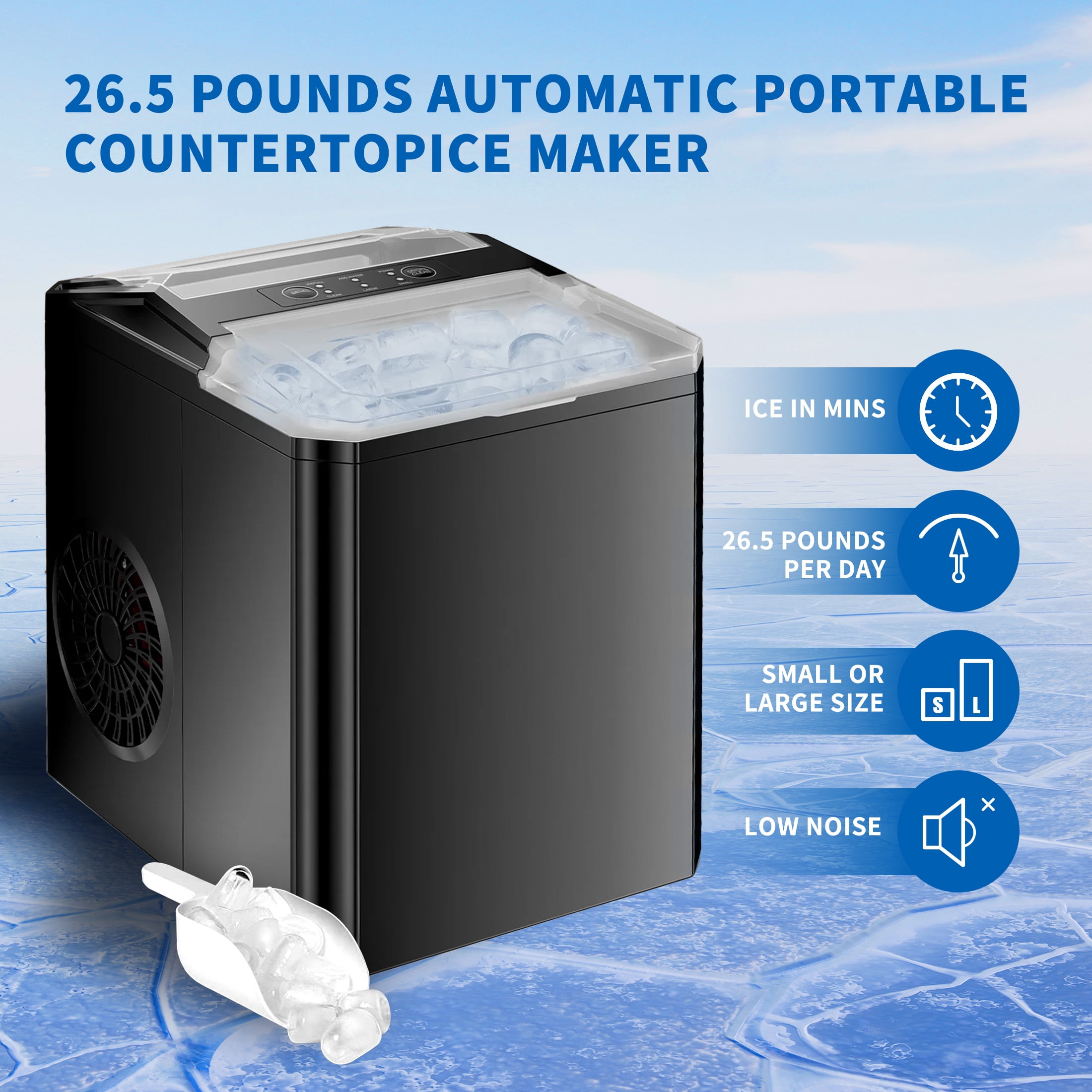 Countertop Ice Makers,Self-Cleaning Portable Ice Machine,26.5lbs in 24Hrs, 9 Cubes Ready in 8 Mins