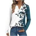 thumbnail image 2 of Womens Tops Long Sleeve V-Neck Printed Buttons T-shirt Casual Blouse Navy S,Blouse for Women, 2 of 6