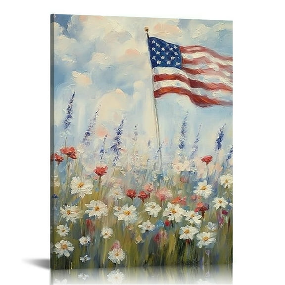 GooTPa Modern American Flag Framed Canvas Wall Art for Living Room, 4th of July Large Patriotic Floral Poster for Bedroom, Wrapped Canvas Prints Artwork Americana Pictures Wall Decor - 12x16in
