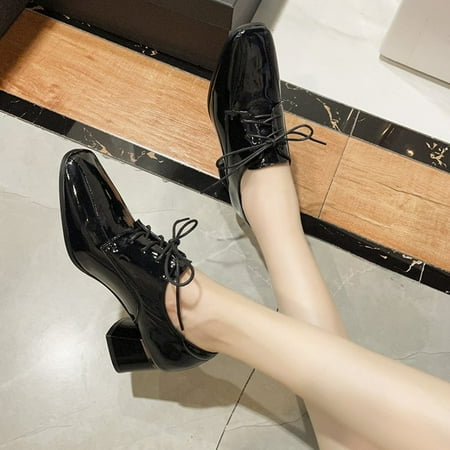 

Women‘s High Heel Shoes Faux Patent Leather Chunky Heeled Lace-up Shoes