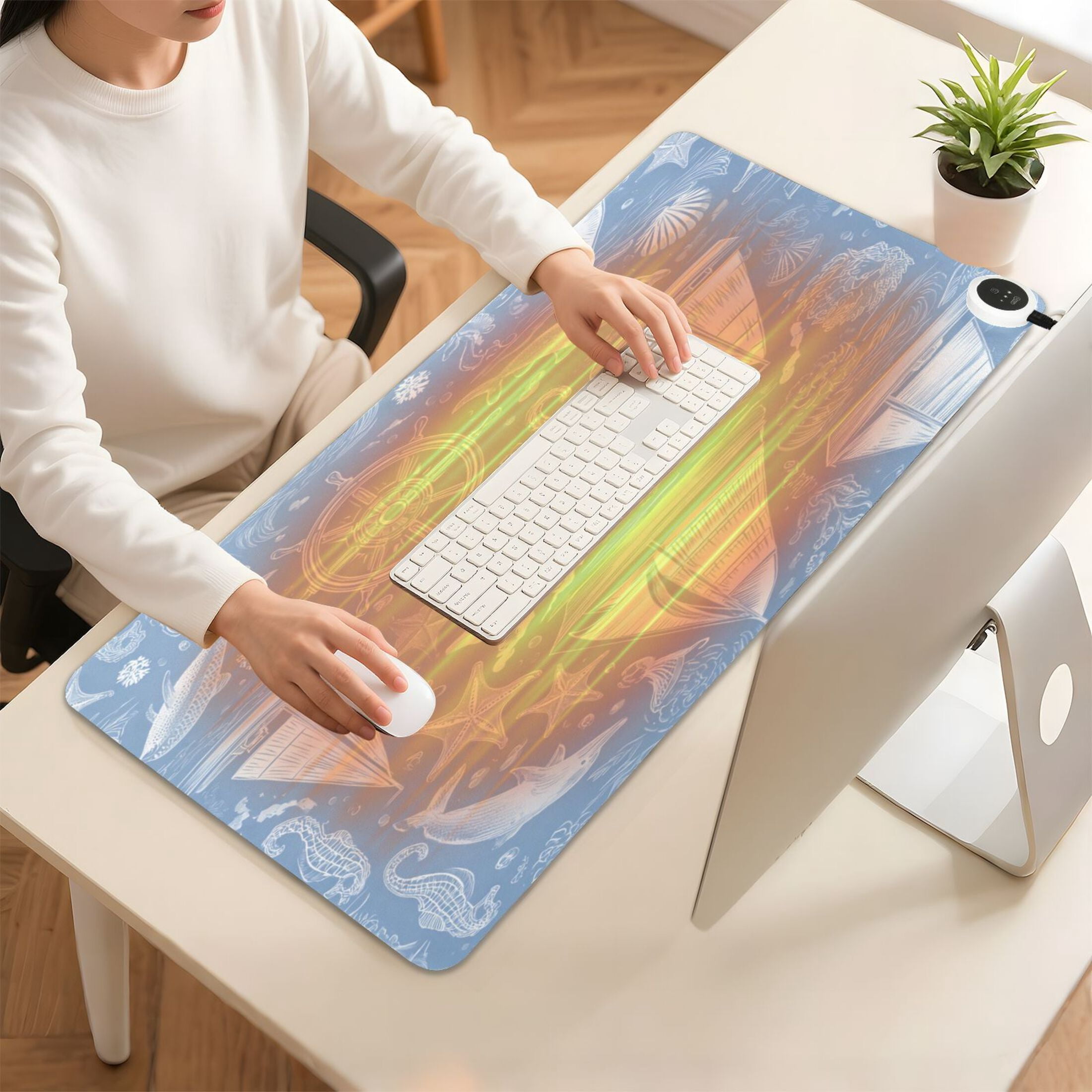 Large Heated Desk Mat Mouse Pad 31.5"x13"PU Leather Graphene Heating Desk Warmer with 3 Temperature Settings 110V US Plug Non-Slip Warm Pad for Home, Office, and Gaming Blue Nautical Style Pattern