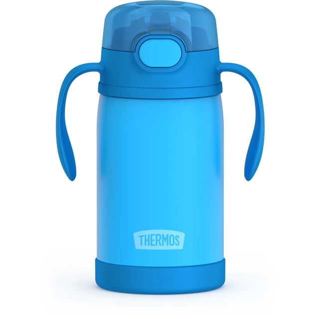 Thermos Bouteille pour Bébé à Paille de 10 Oz en Acier Inoxydable à Isolation sous Vide, Bleu, avec Doubles Poignées pour Tout-Petit, Couvercle à Bouton-Poussoir avec Paille en silicone à Ouverture Instantanée et Bouchon Translucide, avec Isolation sous Vide pour Garder les Boissons Froides et Matériaux Sans BPA pour une Utilisation Sécuritaire en Tout-Petit.