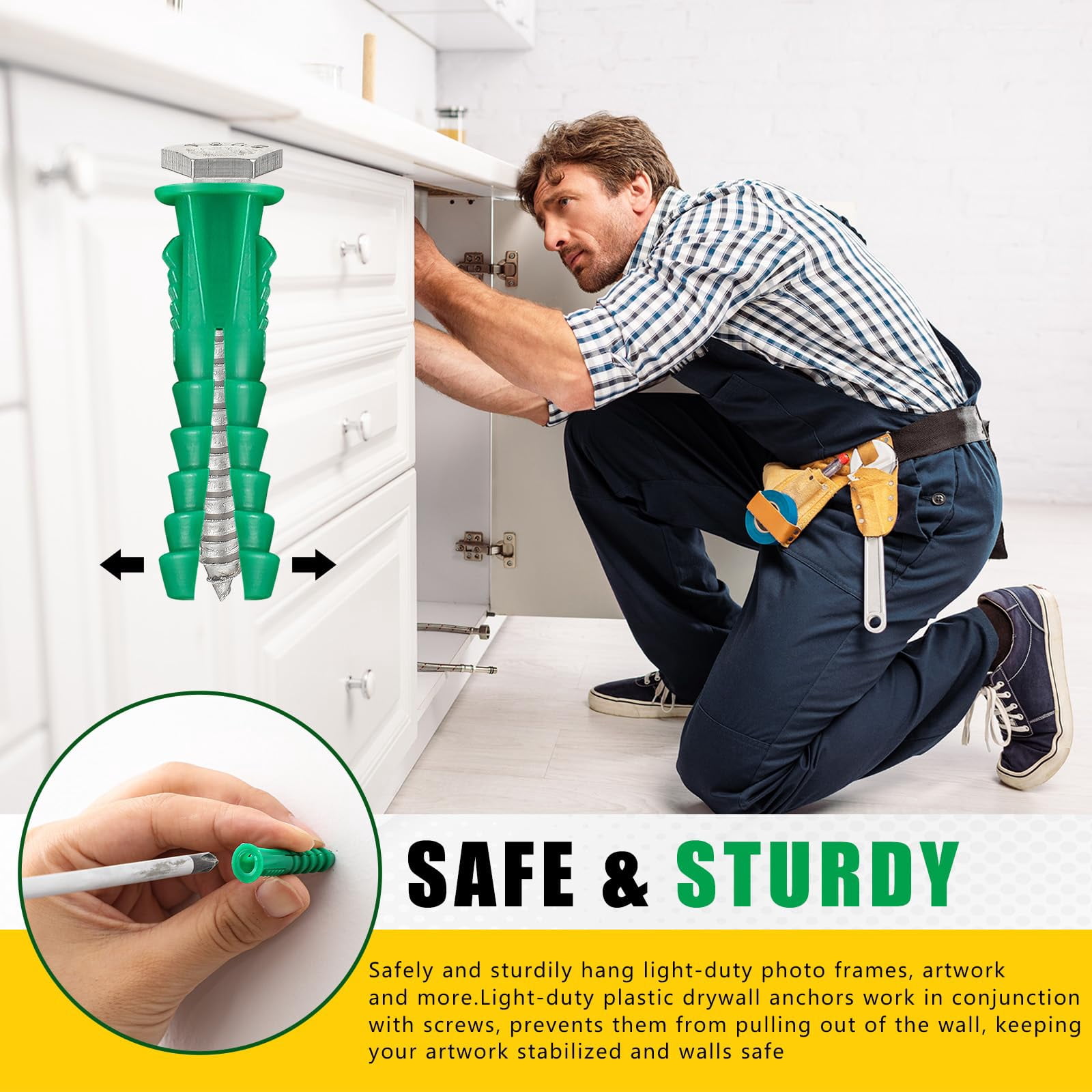 500 Pcs #4-6-8 x 7/8 Inch Ribbed Lightweight Plastic Anchors Drywall Anchors for Hollow Walls Pictures Artwork Decor Light Duty Anchoring Application (Yellow)