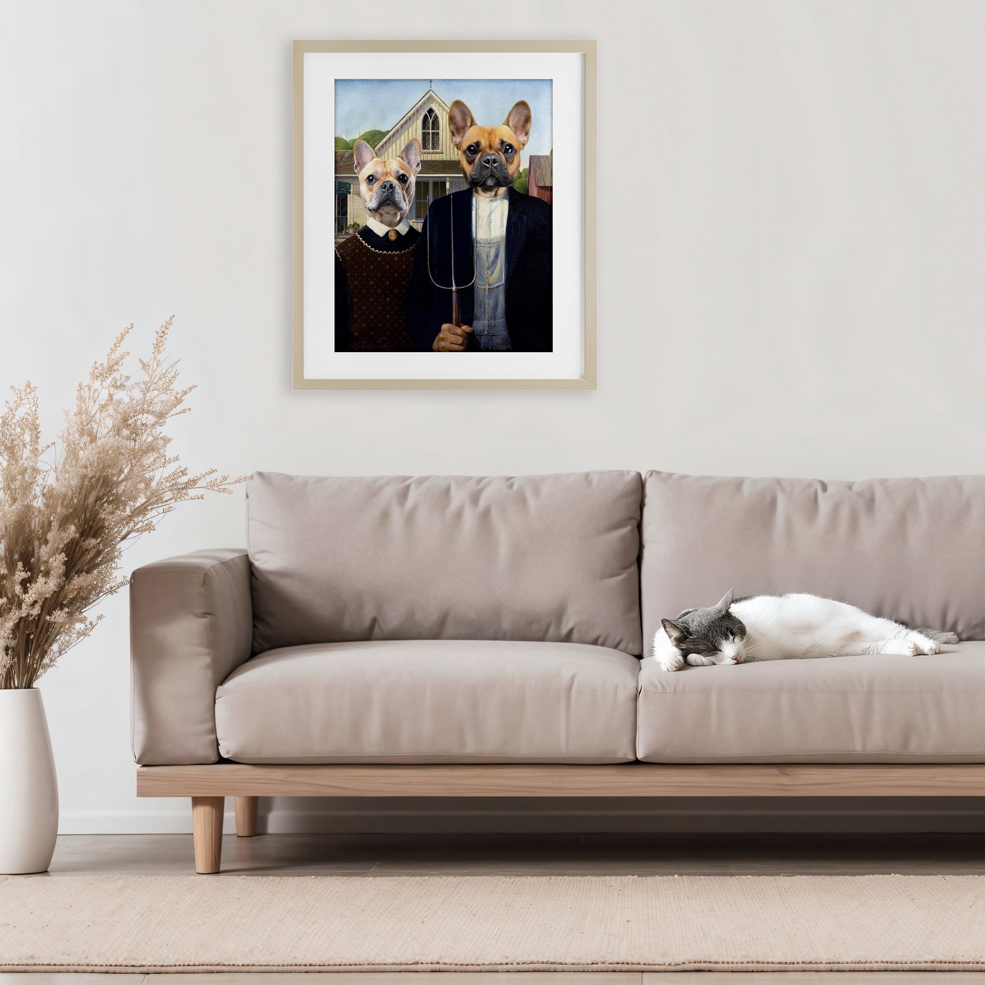 Stupell Industries French Bulldogs Iconic Farmers Birch Framed Print Under Glass, design by Grotto Studios