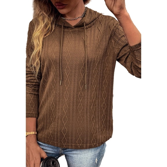 Solid Color Cable Knit Drop Shoulder Drawstring Hoodie for Women Brown Small