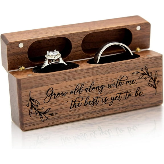 MUUJEE Double Ring Box - Engraved Slim Wooden Ring Case Box for Wedding Ceremony Engagement Proposal Ring Bearer Box for 2 Rings, Christmas Gift Ideas (Grow Old With Me)