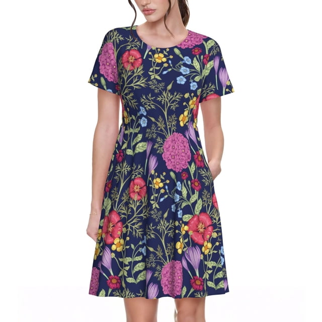 Bixox Robe d'Été à Manches Courtes pour Femmes Robe Ample Longueur Genou avec Poches-Floral