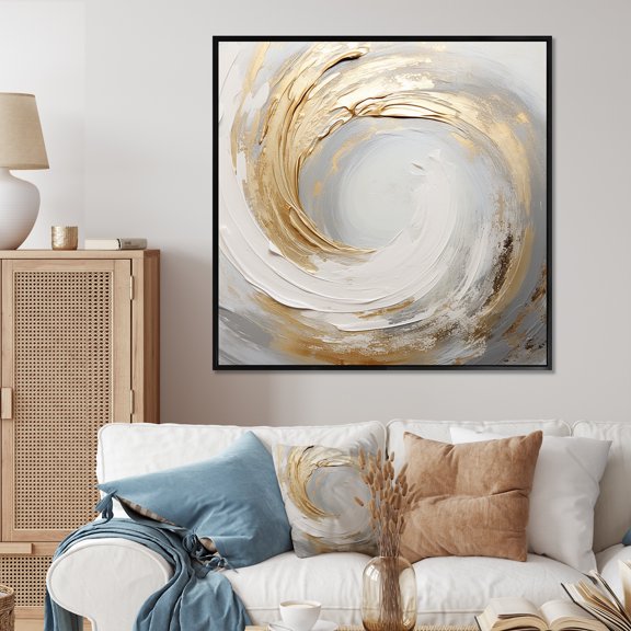 Designart "Vortex Of Gold And White Soft Waves III" Abstract Spirals Floater Framed Wall Art Living Room
