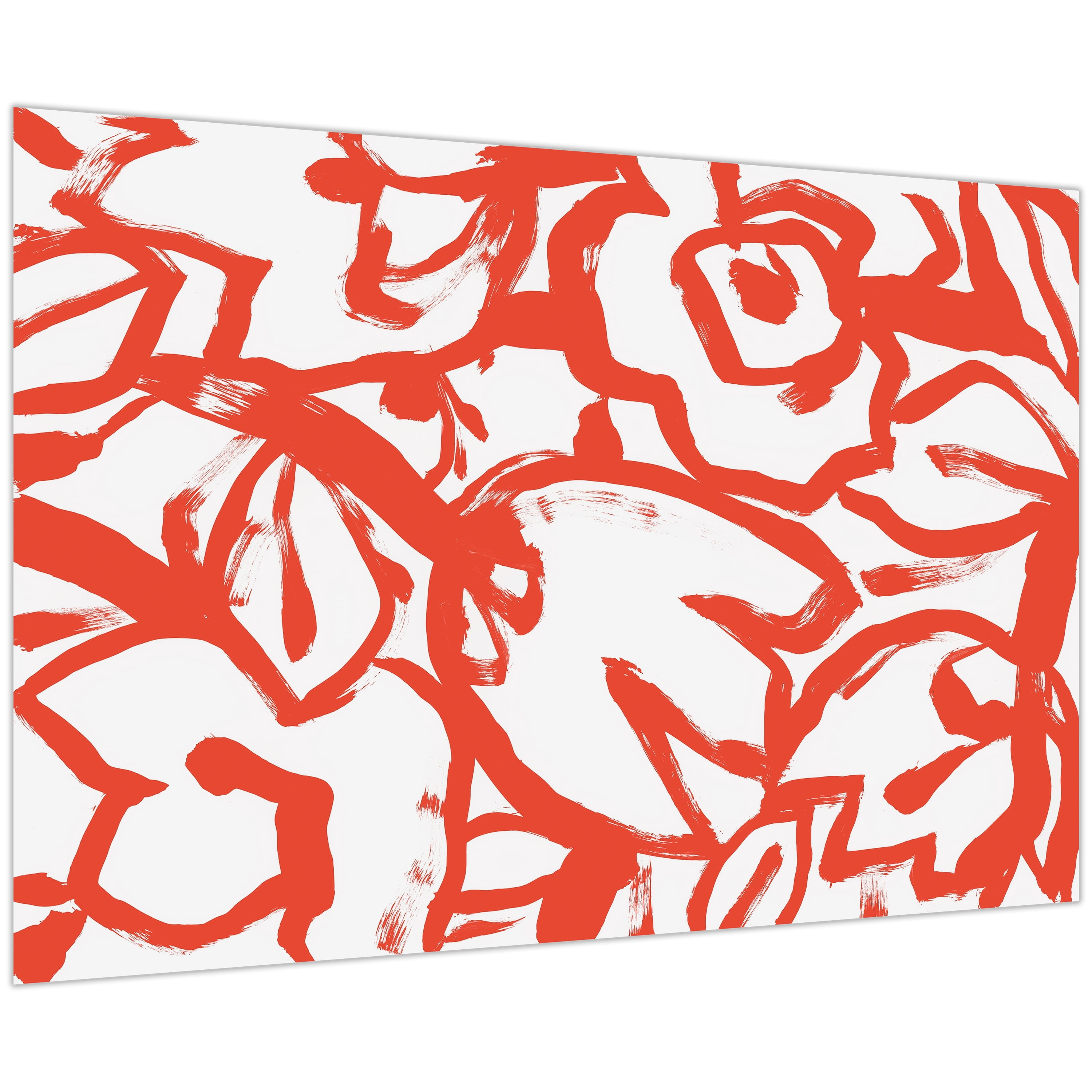 "Scarlet Blooms I" Red Brush Floral Unframe Free Floating Reverse Printed Tempered Glass Wall Art