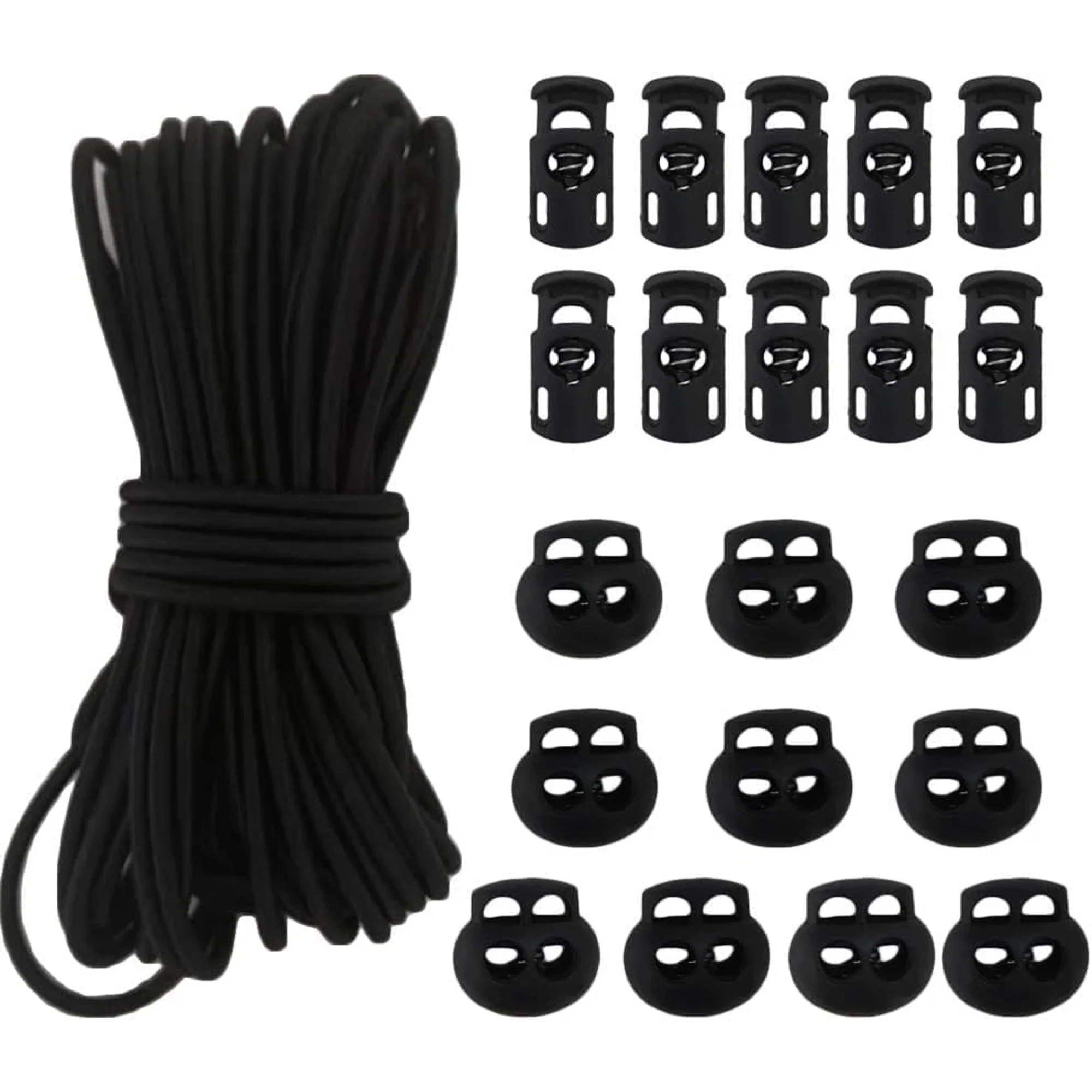 20pcs Plastic Cord Locks with 1/8-Inch 50ft Elastic Cord Heavy Stretch Round String 10Pcs Sing-Hole 10pcs Double-Hole Spring Toggle Stopper Slider Black (3mm-Black)