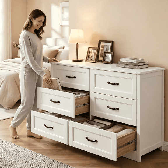 Lofka Dresser for Bedroom, 6 Drawer Dresser Modern Farmhouse Storage Chest, Sturdy Bedroom Dresser with Metal Handles & Anti-Tip Design