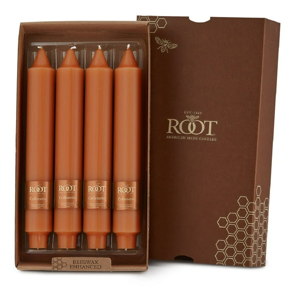 ROOT Candles Unscented Smooth Collenette Taper Candles, 9-Inch Tall, Box of 4, Color: Rust