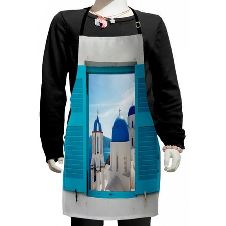 

Landscape Kids Apron Window View of Classical Building Domes Oia Santorini Greece Travel Boys Girls Apron Bib with Adjustable Ties for Cooking Baking Painting Aqua Blue White by Ambesonne