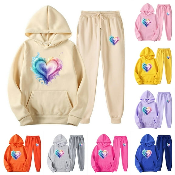 Feancey Sweatsuits for Women Valentines Day Trendy Hoodie 2 Piece Set Teen Girl Cute Casual Heart Print Hooded Pullover and Jogger Pant Sets Beige XL