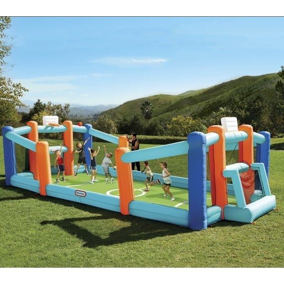 Little Tikes Huge 24' L x 12' W x 7' H Inflatable Sports Bouncer Backyard Soccer & Basketball Court & Blower, Up to 8 Kids, Outdoor Sports Toy Boys Girls Ages 3-8