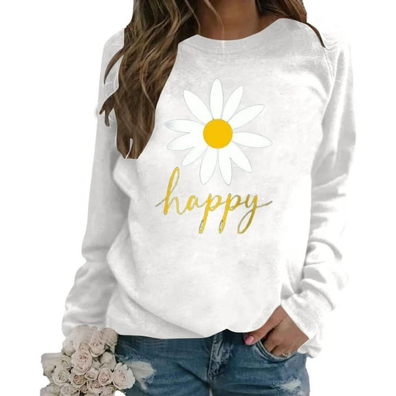 KHONTS Women's Crewneck Daisy Print Long Sleeve Sweatshirts Loog Sleeve Casual Tops Loose Fit Pullover Shirts White XL