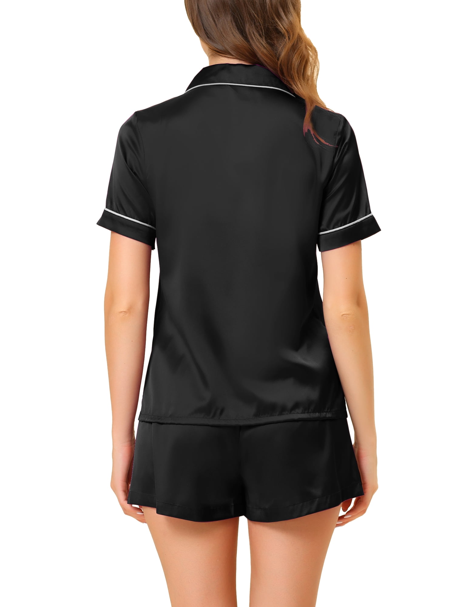 Unique Bargains Women's Pajama Short Sleeves Button Down Top and Shorts Satin Sets S Black